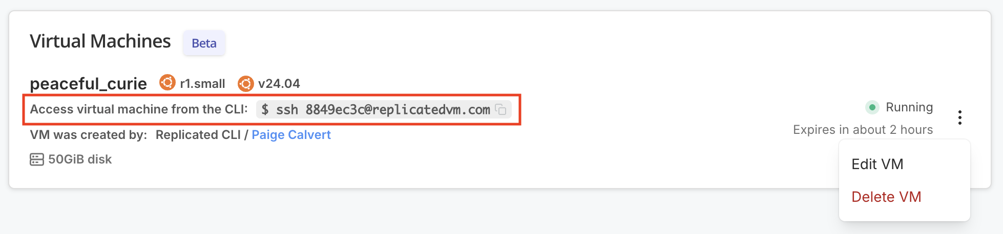 ssh command for the vm